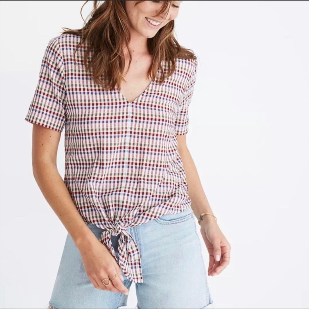 Madewell Tie-Front Top in Rainbow Gingham Check XS
